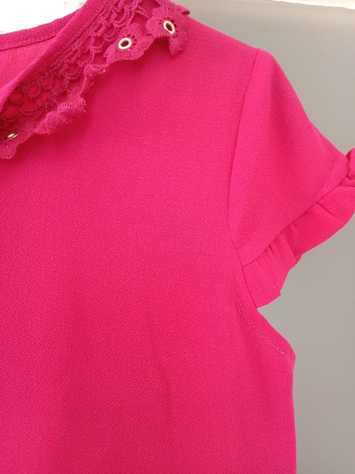 Pembe Kısa Kollu Fırfırlı Nakışlı Bluz - Görsel 3