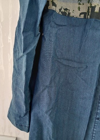 Düğmeli Uzun Mavi Denim  Ferace - Görsel 4