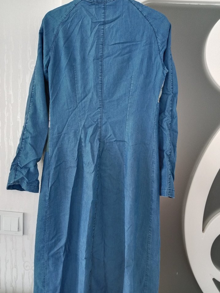 Düğmeli Uzun Mavi Denim  Ferace - Görsel 5