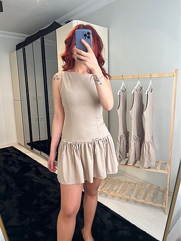 36 Beden camel Renk Kurdele detaylı mini elbise????