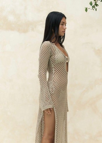 Bej V Yaka Bohem Uzun Triko Elbise - Görsel 2