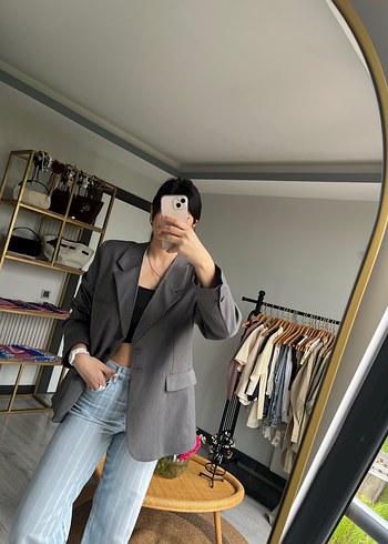 Gri Kadın Denim Midi Blazer - Görsel 2
