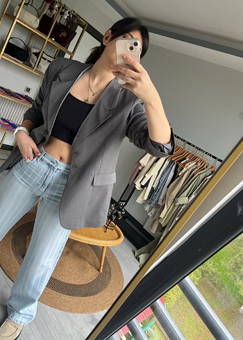Gri Kadın Denim Midi Blazer - Görsel 3