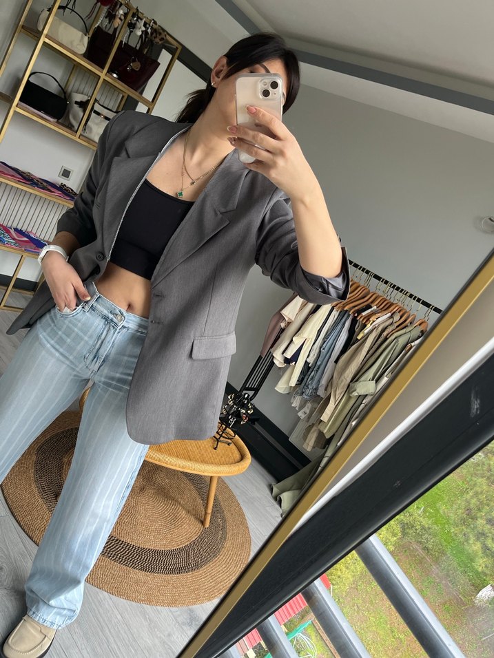 Gri Kadın Denim Midi Blazer - Görsel 3