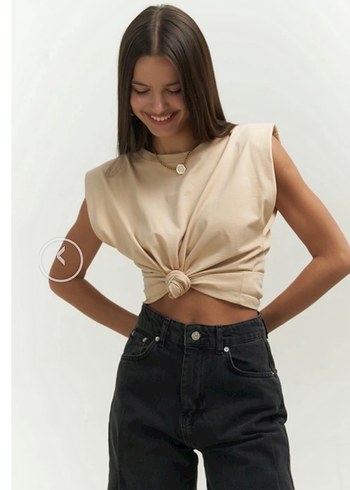 Bej Kadın Kolsuz Basic Tişört - Görsel 5