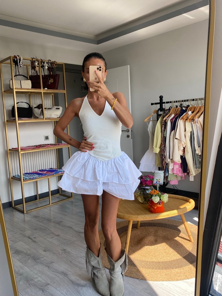 Beyaz Mini Straplez Kat Kat Elbise - Görsel 5