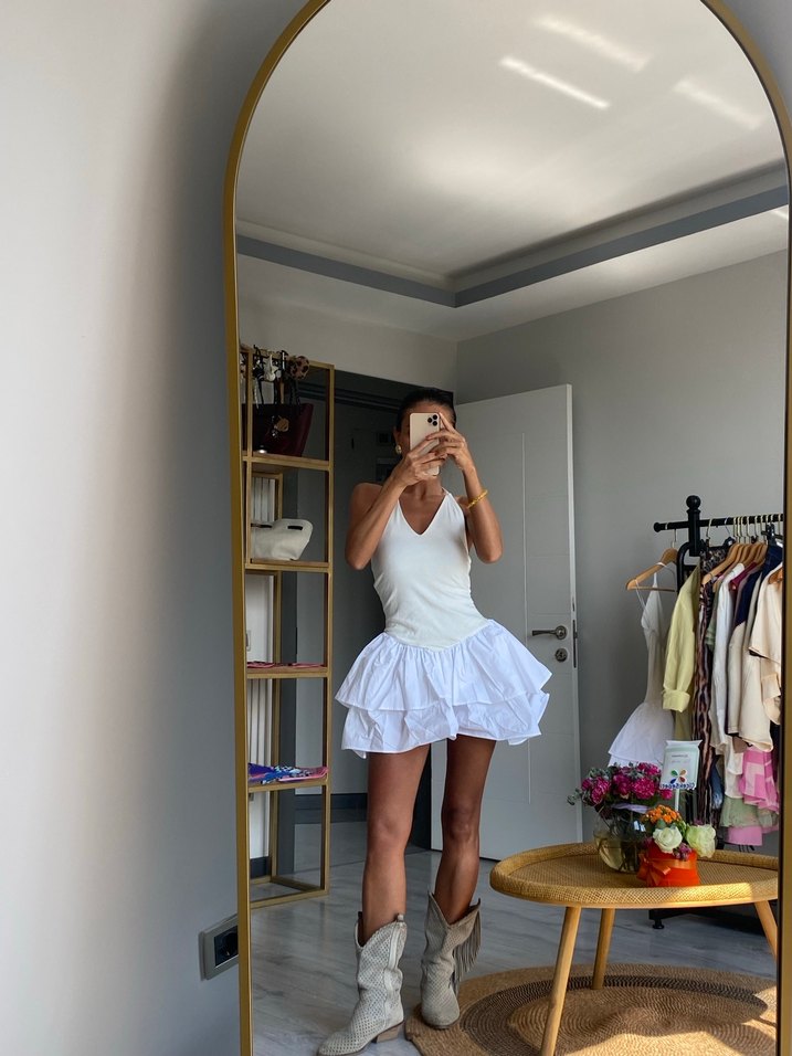 Beyaz Mini Straplez Kat Kat Elbise - Görsel 2