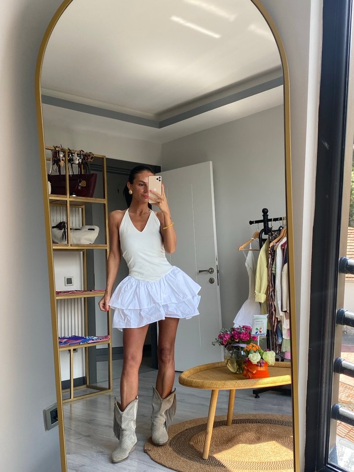 Beyaz Mini Straplez Kat Kat Elbise - Görsel 3