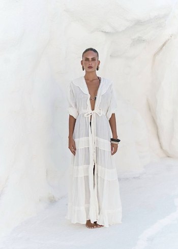 Bohem Uzun Beyaz Kadın Sabahlık - Görsel 4