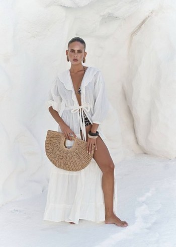 Bohem Uzun Beyaz Kadın Sabahlık - Görsel 2