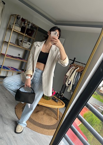 Kadın Beyaz Denim Kuşaklı Blazer - Görsel 2