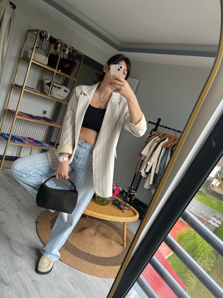 Kadın Beyaz Denim Kuşaklı Blazer - Görsel 2