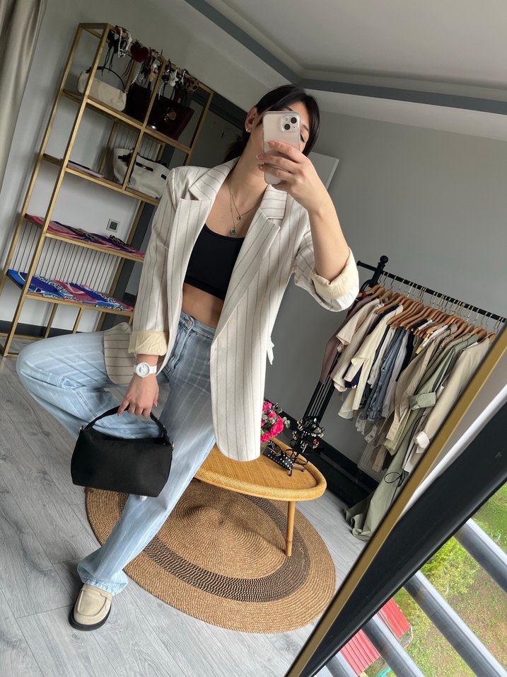 Kadın Beyaz Denim Kuşaklı Blazer - Görsel 3