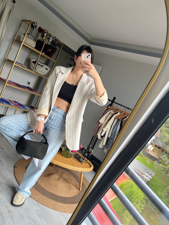 Kadın Beyaz Denim Kuşaklı Blazer - Görsel 4