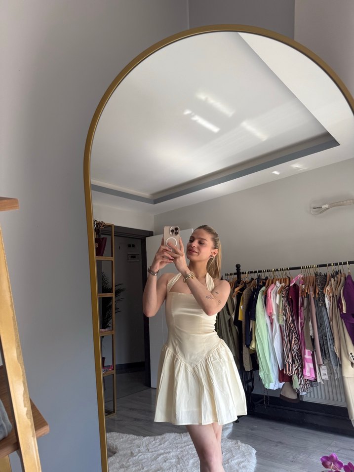 Sarı Midi Straplez Mini elbise - Görsel 2