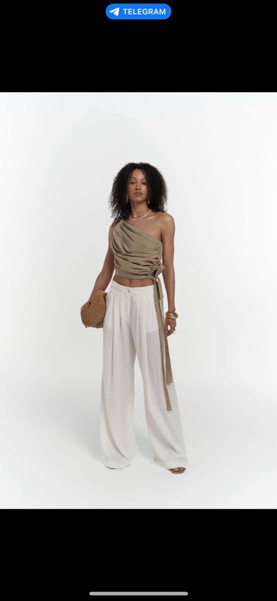 Bej Keten Askılı Drapeli Bluz - Görsel 3