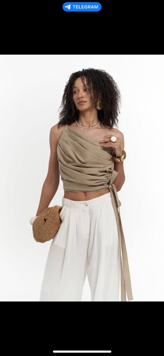 Bej Keten Askılı Drapeli Bluz - Görsel 4