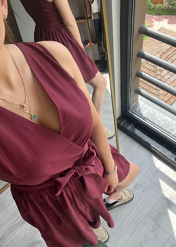 Bordo V Yaka Kemerli Midi Elbise - Görsel 5