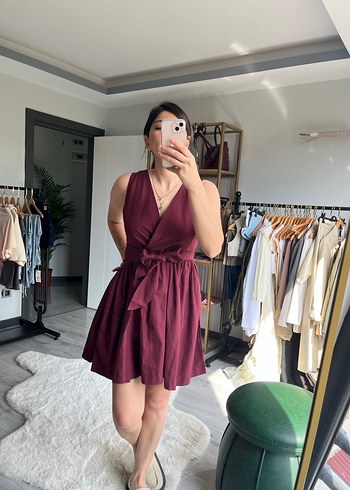 Bordo V Yaka Kemerli Midi Elbise - Görsel 2