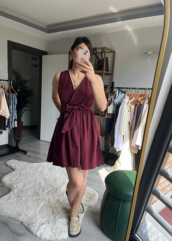 Bordo V Yaka Kemerli Midi Elbise - Görsel 3