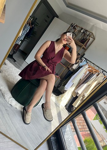 Bordo V Yaka Kemerli Midi Elbise - Görsel 6