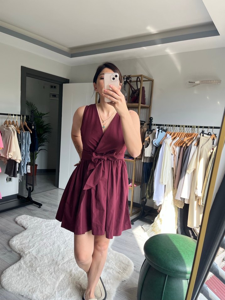 Bordo V Yaka Kemerli Midi Elbise - Görsel 2