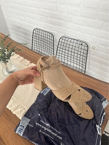 39 Beden camel Renk Hasır kısa topuklu ayakkabı+çanta