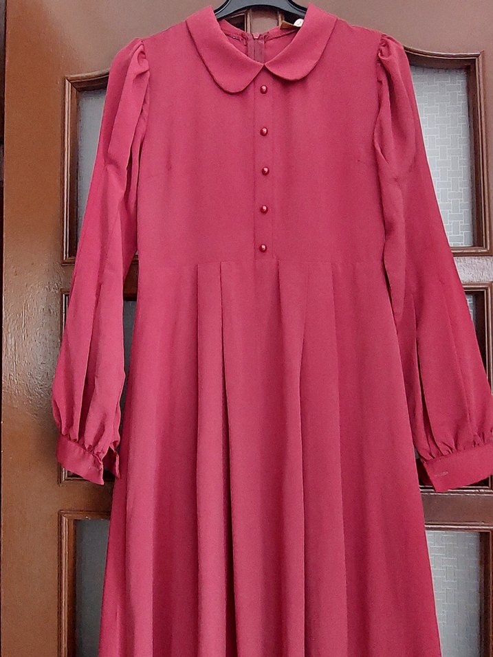 Diger Bordo Uzun Kollu Piliseli Kadın Elbise - Görsel 2