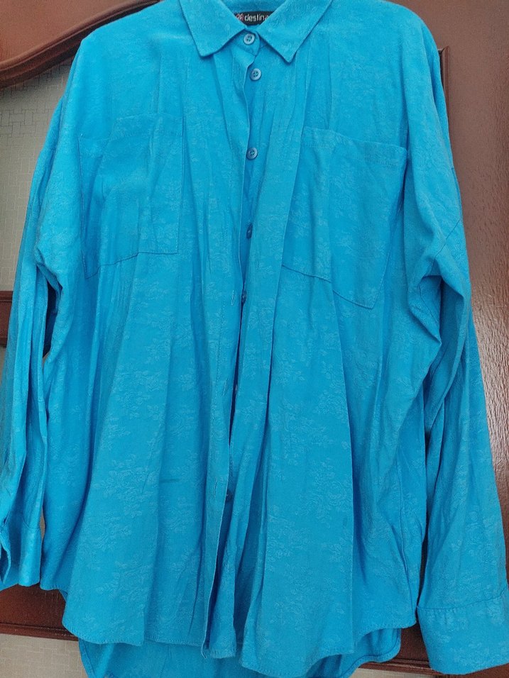 Kadın Mavi Keten Kısa Kollu Gömlek - Görsel 2