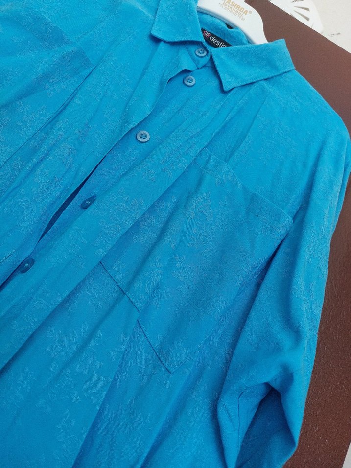 Kadın Mavi Keten Kısa Kollu Gömlek - Görsel 3