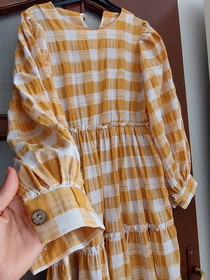 Sarı Ekose Uzun Pamuklu Elbise - Görsel 2
