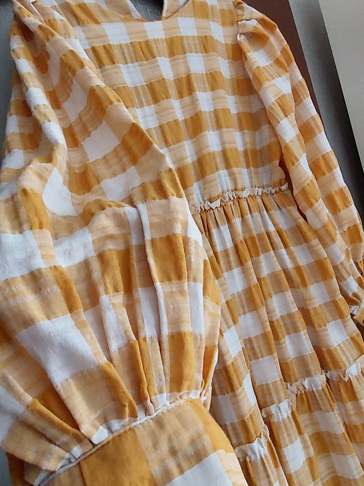 Sarı Ekose Uzun Pamuklu Elbise - Görsel 3