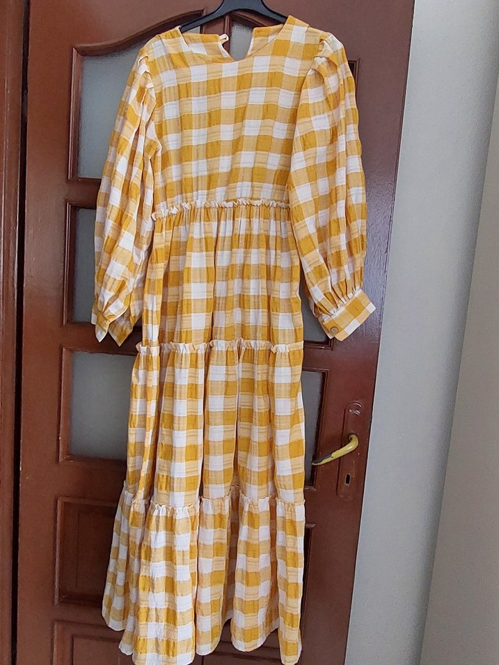 Sarı Ekose Uzun Pamuklu Elbise - Görsel 4