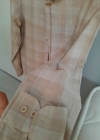 Bej Düğmeli Pamuklu Keten Erkek Gömlek - Görsel 3