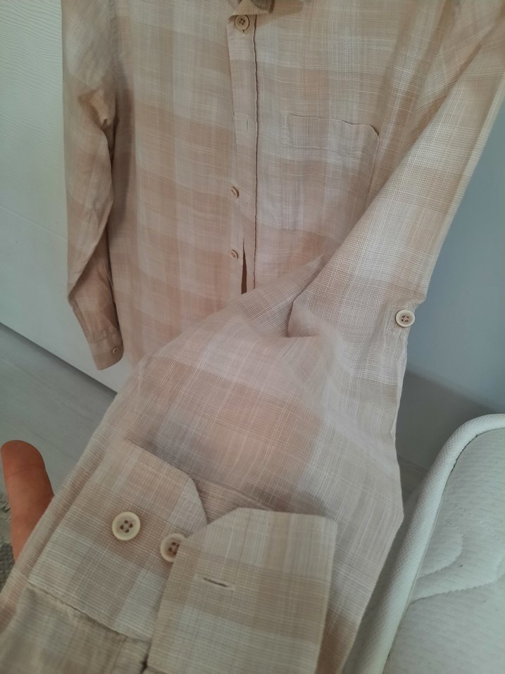 Bej Düğmeli Pamuklu Keten Erkek Gömlek - Görsel 3