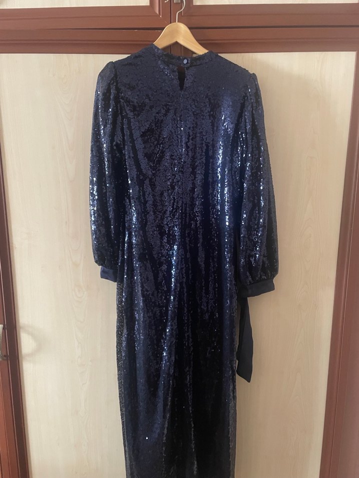 Parlak Lacivert Uzun Kollu Abiye Elbise - Görsel 5