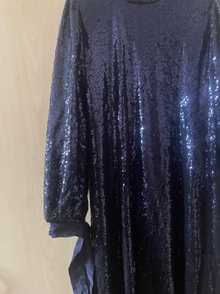 Parlak Lacivert Uzun Kollu Abiye Elbise - Görsel 3