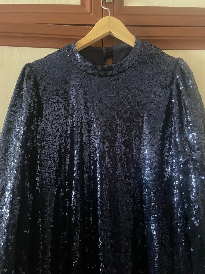 Parlak Lacivert Uzun Kollu Abiye Elbise - Görsel 4