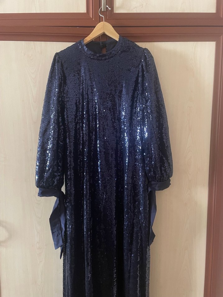 Parlak Lacivert Uzun Kollu Abiye Elbise - Görsel 2