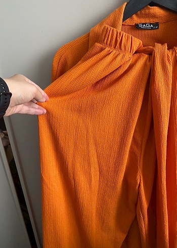 Turuncu Düğmeli Keten Gömlek alt üst takım - Görsel 4