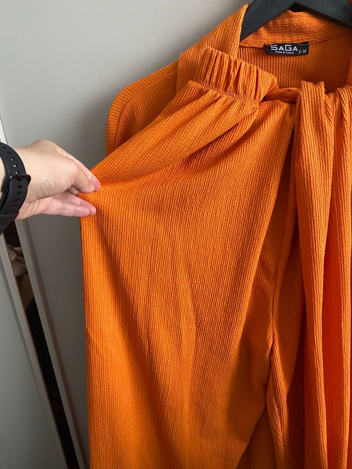 Turuncu Düğmeli Keten Gömlek alt üst takım - Görsel 4