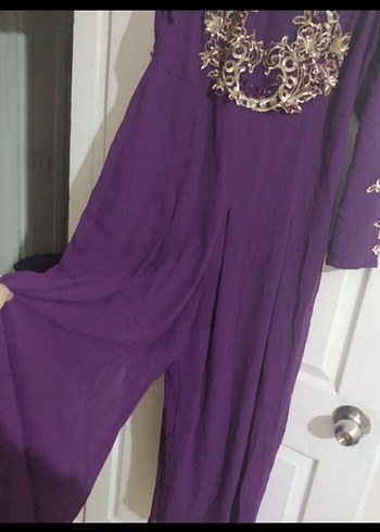 Uzun Kollu Mor İşlemeli Kadın Tulum - Görsel 4