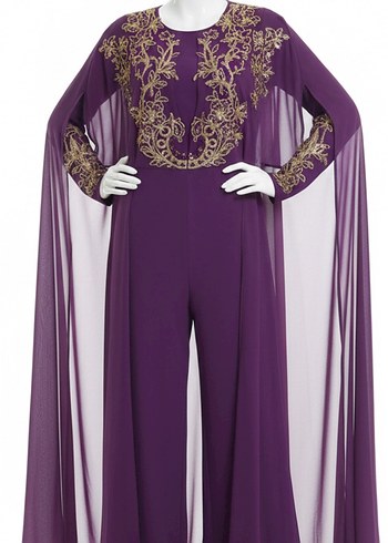 Uzun Kollu Mor İşlemeli Kadın Tulum - Görsel 2