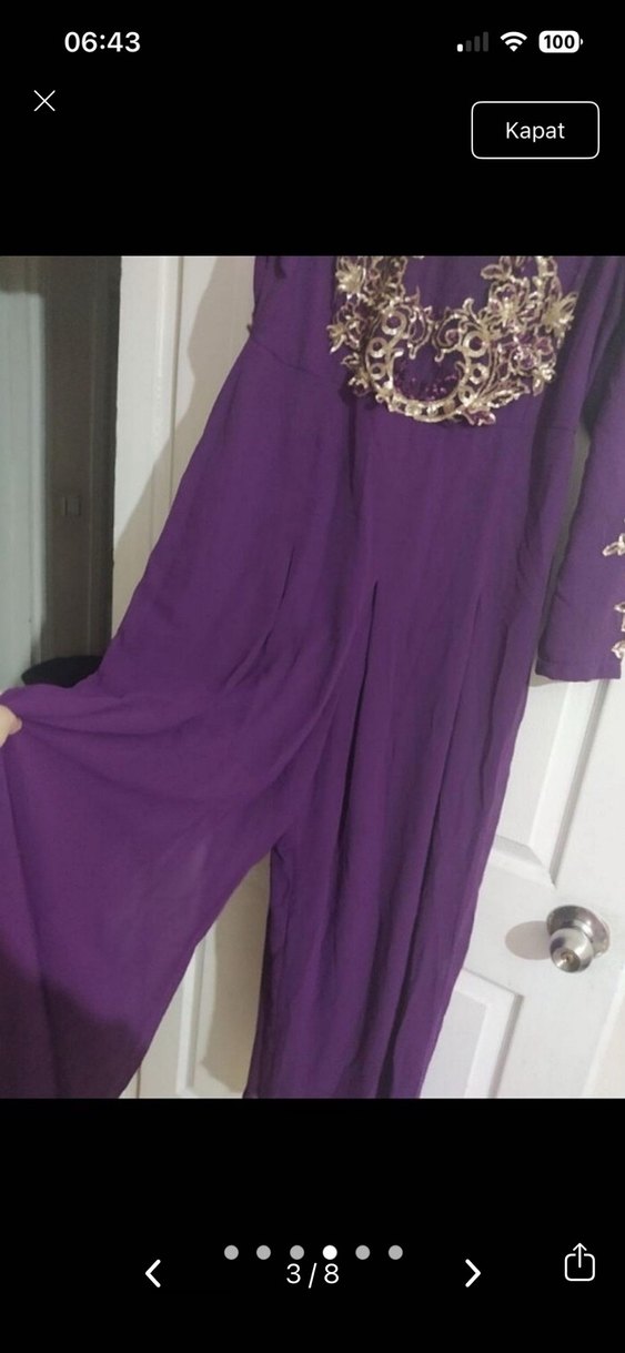 Uzun Kollu Mor İşlemeli Kadın Tulum - Görsel 4