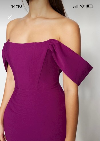 Parlak Mor Drapeli Straplez Kalem Elbise - Görsel 3