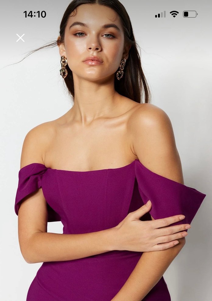 Parlak Mor Drapeli Straplez Kalem Elbise - Görsel 4