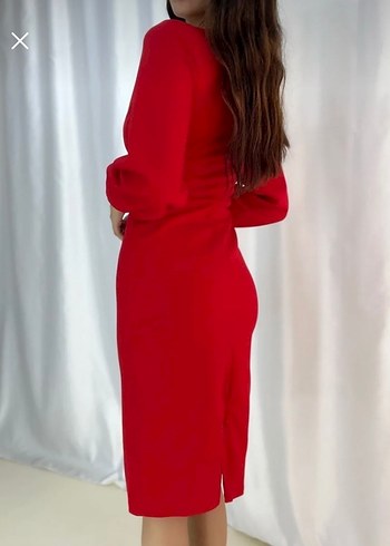 Uzun Kollu Kırmızı Drapeli Kalem Elbise - Görsel 2