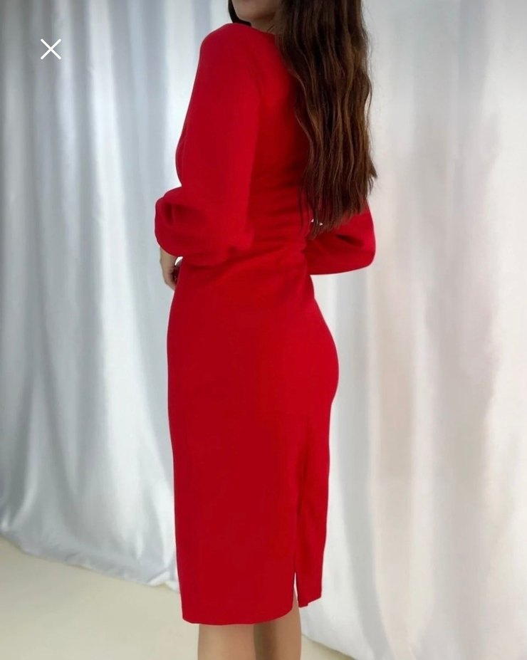 Uzun Kollu Kırmızı Drapeli Kalem Elbise - Görsel 2