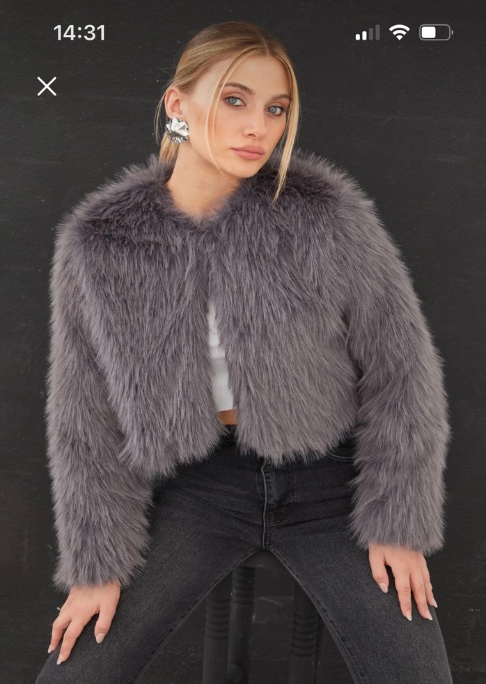 Gri Kadın Peluş Kürk Detaylı Midi Ceket - Görsel 2