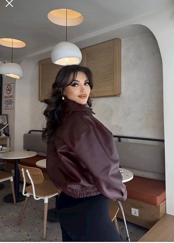 Kadın bordo Deri Yüksek Yakalı Ceket - Görsel 2